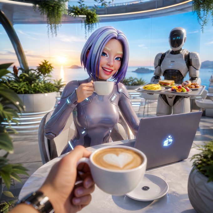 A 3D-rendered scene of a purple-haired female robot drinking coffee at an outdoor café, served by a humanoid robot carrying a tray of food, with a human hand holding a latte in the foreground.