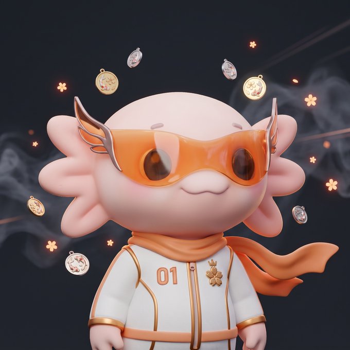 A 3D-rendered cute pink axolotl-like character wearing orange sunglasses, an orange scarf, and a white jacket with the number '01', surrounded by floating gold charms.