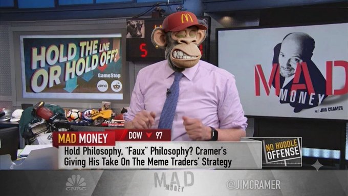 A CNBC Mad Money segment featuring host Jim Cramer wearing a monkey mask, with the chyron reading "Hold Philosophy, 'Faux' Philosophy? Cramer's Giving His Take On The Meme Traders' Strategy."