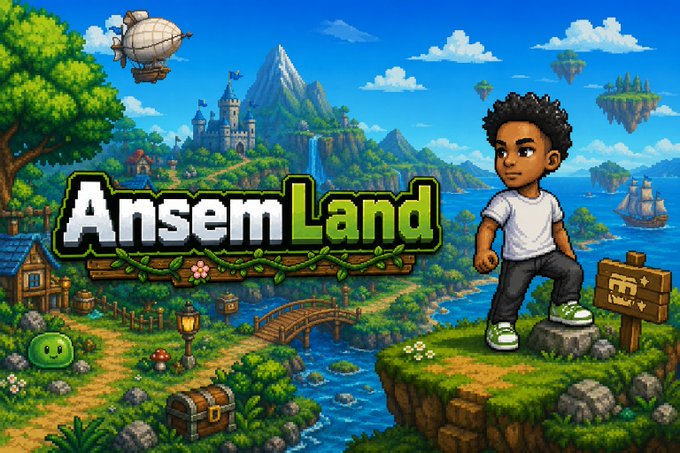 A pixel-art character stands on a cliff overlooking a vibrant, fantasy landscape featuring a castle, floating islands, and a treasure chest, with the title "AnsemLand" displayed prominently. The post invites viewers to join the community-driven, GameFi adventure on Solana at ansemland.world under the ticker $ANSEMLAND.