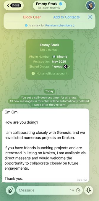 The image shows a phone screen displaying a message from someone named "Emmy Stark". The message reads, "G'mn, how are you doing? I am collaborating closely with Genesis @ krakenfx. It seems like we have listed numerous projects on this platform and it is available via direct messages and would welcome the future collaboration."