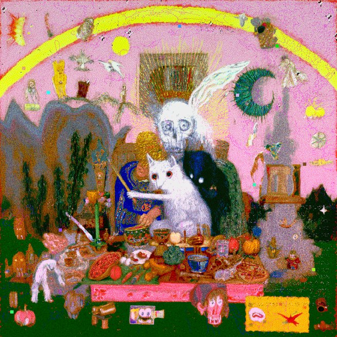 The image features a painting of a table with various food items, including a bowl of fruit such as apples and oranges. A cat is sitting at the table surrounded by these food items. The background includes a pink wall adorned with yellow stars and other decorations. The painting also contains elements from the post "GM GOLEM".