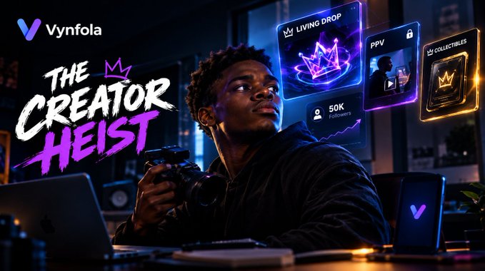 A promotional graphic for 'Vynfola' featuring 'THE CREATOR HEIST' with a young man holding a camera in a dark setting, alongside holographic panels displaying 'LIVING DROP', 'PPV', and 'COLLECTIBLES' features.