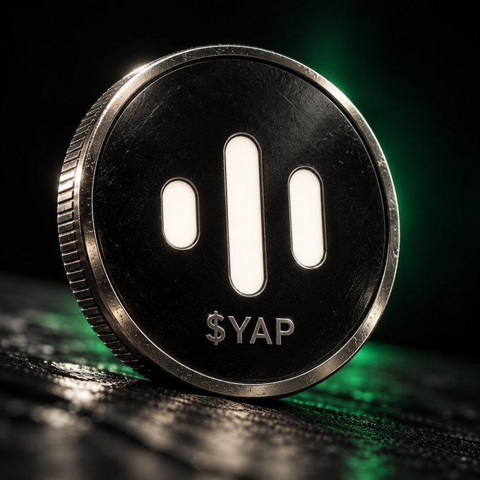 A black and silver $YAP crypto coin resting on a textured surface with green lighting.