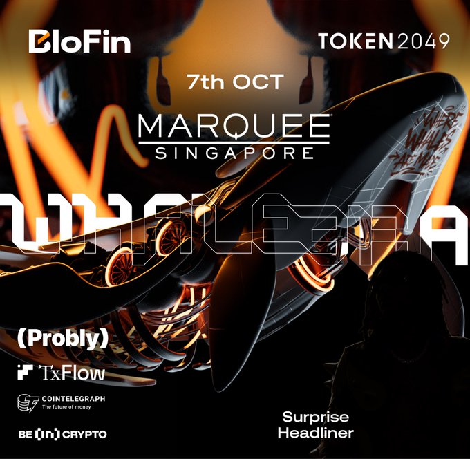 An advertisement for 'TOKEN 2049 MARQUEE SINGAPORE' on '7th OCT' featuring a futuristic 3D rendered spacecraft, with branding for BloFin, WHALES, (Probably), TxFlow, Cointelegraph, and BE [IN] CRYPTO, and a 'Surprise Headliner' note.