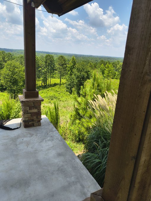 A view from a wooden porch overlooking a lush, green forested landscape with a bright blue sky filled with scattered clouds.