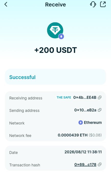 A successful USDT (Tether) transaction confirmation screen showing +200 USDT received via Ethereum network with a fee of 0.0000439 ETH ($0.08) on the SAFE platform.