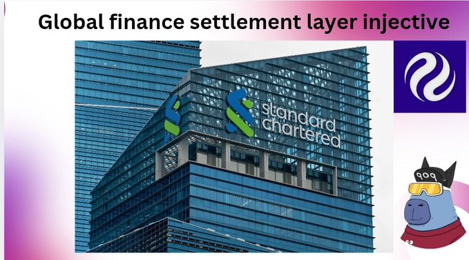A promotional image titled 'Global finance settlement layer injective' showing the Standard Chartered bank building with its logo, the Injective crypto logo on the right, and a cartoon ape mascot wearing ski goggles.