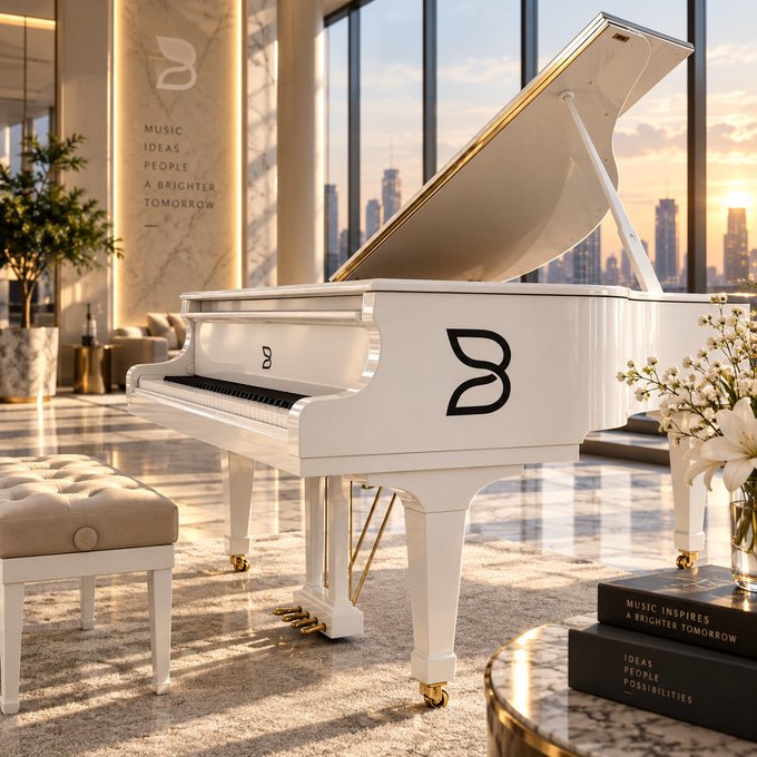 A white grand piano with a leaf logo sits in an elegant high-rise room with city views at sunset, accompanied by wall text reading "MUSIC IDEAS PEOPLE A BRIGHTER TOMORROW" and books labeled "MUSIC INSPIRES A BRIGHTER TOMORROW" and "IDEAS PEOPLE POSSIBILITIES."

The polished, refined setting mirrors the post's message of stability and sophistication, using the piano's harmony—as suggested by "MUSIC INSPIRES"—as a metaphor for how USDD digital-dollar payments could bring steady, predictable rhythm to everyday commerce for small businesses facing currency volatility.