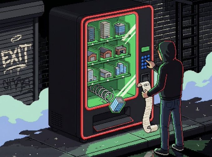A pixel art illustration of a hooded figure in a dark alley using a vending machine that sells buildings, houses, and a solar panel in exchange for a long printed receipt.