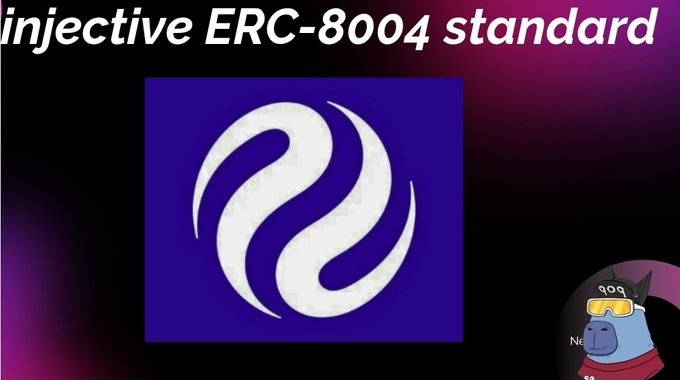 The image features a logo with a white circle containing a blue swirl, accompanied by the text "Injective ERC-8004 standard" written below it. The background of the image is black, which contrasts with the white logo and makes it stand out. There are also two small images in the bottom right corner of the image - one of an animal wearing goggles and another of a person wearing sunglasses. These images add a playful touch to the overall design.