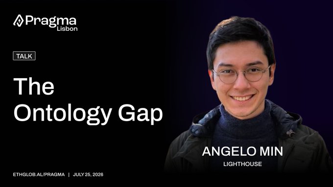 Promotional graphic for a talk titled "The Ontology Gap" by Angelo Min from Lighthouse at Pragma Lisbon, dated July 25, 2026.