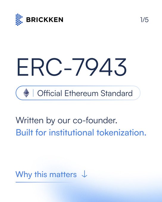 The image shows a white background with blue text that reads "ERC-7943 is now an official @ethereum standard." The caption below the image explains that the ERC-7943 standard was written by Brickken co-founder Dario Lo Buglio, and it was built for institutional tokenization. This means that the standard is designed to be used in conjunction with institutional investors who want to invest in tokens or other digital assets.