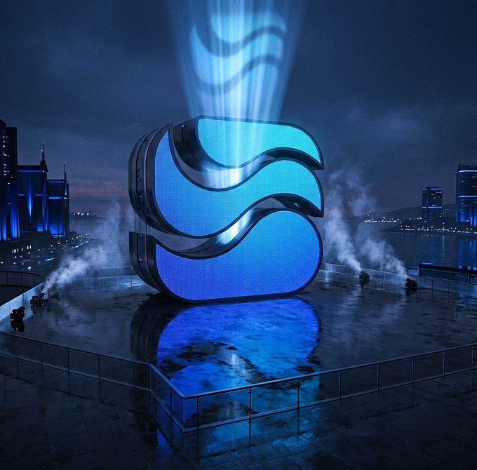 A 3D rendered blue wave logo emitting a light beam in a foggy, nighttime industrial setting with a city skyline and water in the background.