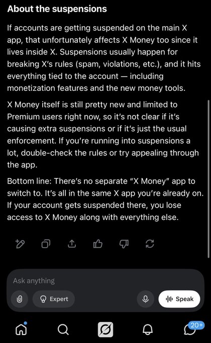 A screenshot of an AI chat interface titled 'About the suspensions' explaining that X account suspensions affect X Money features since they share the same platform.