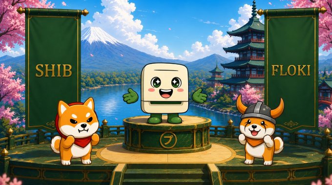 A cheerful cartoon mascot presents a showdown between two anime-style Shiba Inu characters on a Japanese-themed stage with Mt. Fuji and a pagoda backdrop, flanked by banners reading "SHIB" and "FLOKI" to represent the two competing meme coins. The image visually reinforces the post's call for followers to choose between Shiba Inu and Floki tokens for the next Purinta listing.