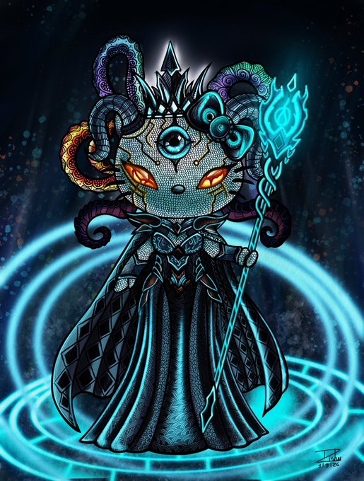 A digital illustration of a creepy, stitched-together doll-like creature with a single central eye, horns, and a glowing staff, standing within a blue magical circle.