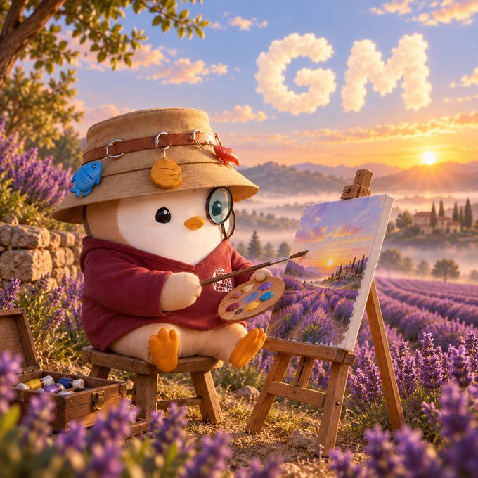 A cute cartoon penguin wearing a straw hat with charms and round glasses, dressed in a red hoodie, sits at an easel painting a lavender field at sunset; clouds in the sky form the word 'COU'.