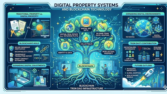 The image presents a flowchart illustrating the concepts of Digital Property Systems (DPS) and blockchain technology, with an emphasis on Bitcoin. The flowchart shows various components like transactions, users, and networks as part of the digital property system, all interconnected by nodes in the blockchain. A figure is also shown representing a blockchain network that uses Bitcoin as its foundation. The post suggests that this new concept of digital property systems enables the transition from traditional physical properties to digital environments where transactions can be performed using blockchain technology for better management and verification of ownership.