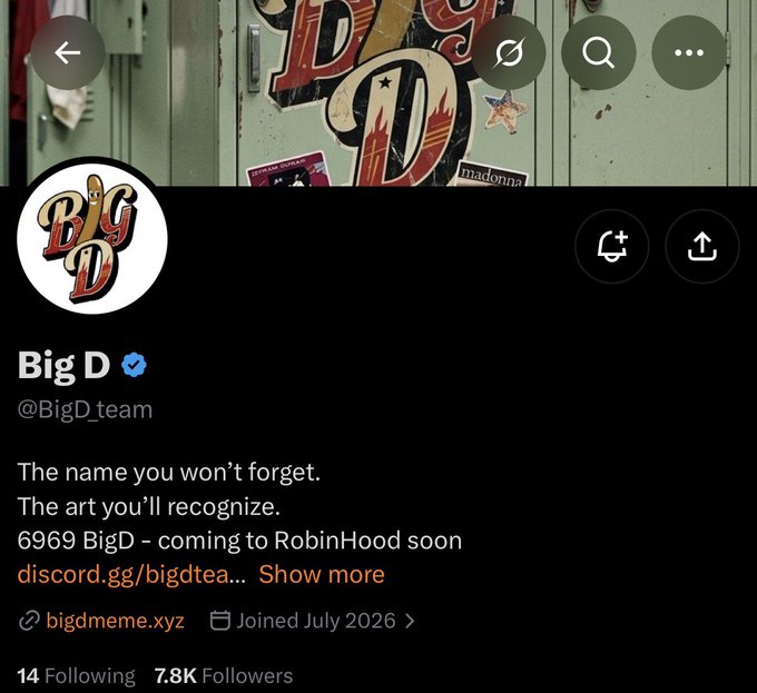 A Twitter/X profile page for "BigD" (@BigD_team), a verified account with 7.8K followers promoting the memecoin "6969 BigD" and its upcoming Robinhood listing, with bio text reading "The name you won't forget. The art you'll recognize." The image illustrates the accompanying post that flags BigD as an "alpha" pick newly appearing on @RobinhoodCrypto.