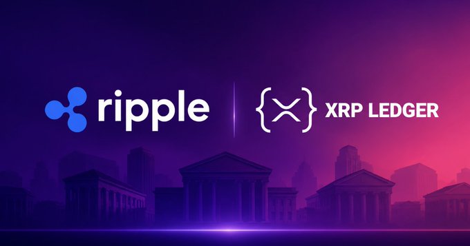 The image features the Ripple logo alongside the text "{ } XRP LEDGER" set against a purple-pink cityscape silhouette with classical building architecture. This visual ties into the announcement about Ripple's proposed XRPL Lending Protocol, which would enable financial institutions to borrow against tokenized assets directly on the XRP Ledger.