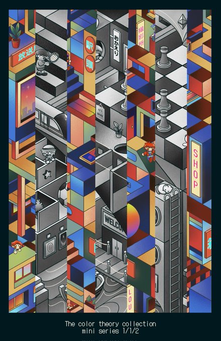 A colorful isometric digital illustration depicting a complex cityscape or game level with geometric buildings, characters, and signs, including a 'WELCOM' sign and 'SHOP' sign, captioned 'The color theory collection mini series 1/1/2'.