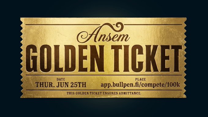 A golden ticket graphic displaying "Ansem GOLDEN TICKET" for the BullpenFi competition, dated Thursday, June 25th, at app.bullpen.fi/compete/100k, with text reading "This Golden Ticket Ensures Admittance." The image visually represents the user's entry into the $100K trading competition on BullpenFi, showcasing their secured spot to compete in turning $1K into $100K on Hyperliquid.