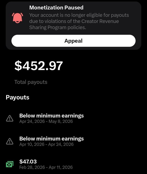 A screenshot showing a 'Monetization Paused' notification due to Creator Revenue Sharing Program policy violations, with total payouts of $452.97 and several payout entries marked 'Below minimum earnings.'