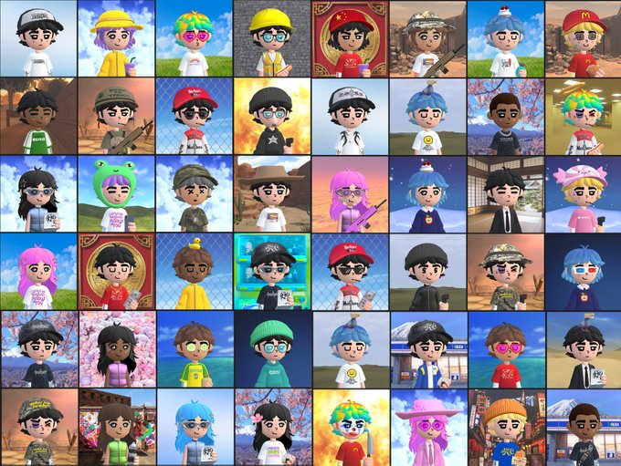 This image displays a grid of numerous cartoon-style avatars, many of whom are holding items or wearing accessories that could be associated with digital collectibles or NFTs. The variety of characters and their unique designs suggest a collection of digital assets.