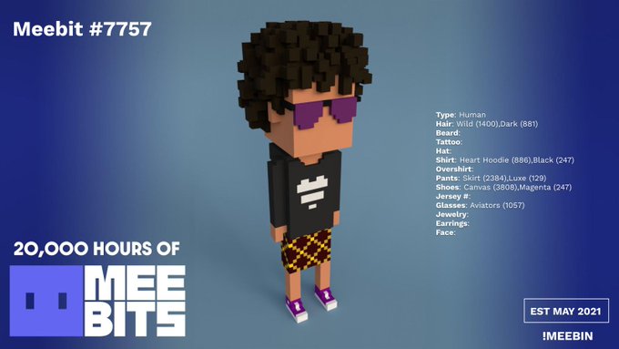 A 3D voxel-style NFT character named 'Meebit #7757' displayed against a blue background, showing attributes like 'Wild Hair', 'Heart Hoodie', 'Skirt', 'Skit' pants, and 'Luxo' overshirt, with text reading '20,000 HOURS OF MEEBITS'.
