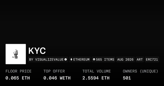 A dark-themed NFT collection profile displays the "KYC" collection by VisualizeValue on Ethereum, featuring 565 items with a floor price of 0.065 ETH, top offer of 0.046 WETH, total volume of 2.5594 ETH, and 501 unique owners, likely referencing Jack Butcher's popular minimalist art style praised in the accompanying post.