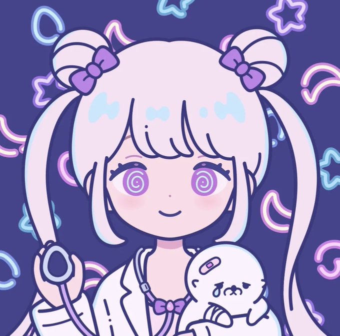 A cute chibi-style anime girl with twin buns, purple bows, and hypnotic spiral eyes holds a small white creature while surrounded by neon stars, moons, and rainbows. The image serves as the playful character mascot/logo for the #dropchan NFT project referenced in the sale alert.