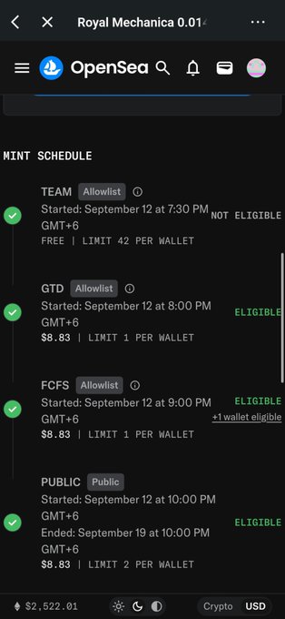 Screenshot of the OpenSea app displaying the mint schedule for "Royal Mechanica 0.01," showing phases like TEAM (FREE, 42 per wallet, NOT ELIGIBLE), GTD ($8.83, ELIGIBLE), FCFS ($8.83, +1 wallet eligible), and PUBLIC ($8.83, ELIGIBLE) with a wallet balance of $2,522.01.
