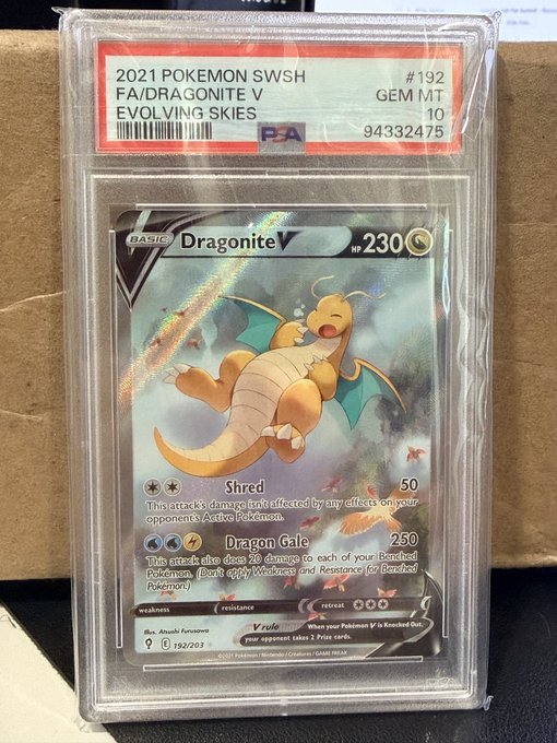 A PSA-graded Gem Mint 10 Dragonite V #192 from the 2021 Pokémon SWSH Evolving Skies set is displayed in its protective slab, showing the card with a certification number of 94332475. This perfectly complements the post celebrating a smooth redemption of this highly sought-after holographic card.