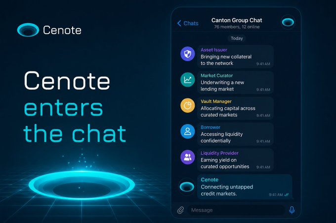 The image features a blue screen with a message that reads "Cenote enters the chat". The background of the image is dark, which contrasts with the light blue text. The main focus of the image is a phone displaying a conversation between two people discussing crypto markets and Canton Group Chat.