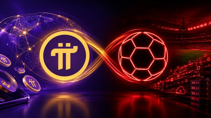 A digital graphic showing the Pi Network cryptocurrency logo on the left and a glowing red soccer ball on the right, connected by an infinity symbol, set against a stadium background with scattered Pi coins.