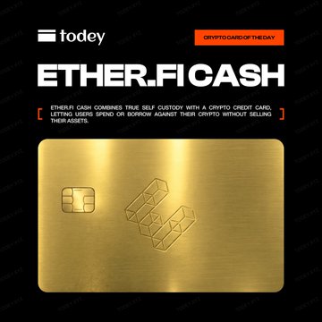 A promotional image displays a gold metallic crypto card labeled 'ETHEREUM.CASH' by Fodey, with text explaining it combines self-custody with a credit card for borrowing against crypto without selling.