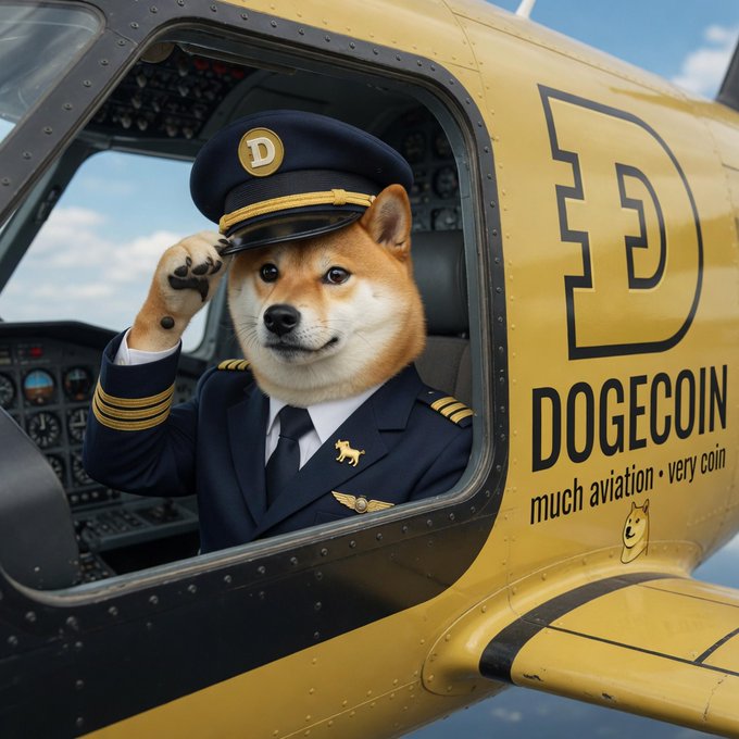 A Shiba Inu dressed as a pilot salutes from the cockpit of a yellow plane emblazoned with the "DOGECOIN" logo and the slogan "much aviation • very coin," perfectly matching the post's "cleared for takeoff" announcement of Dogecoin's upward flight.