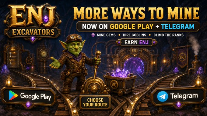 A promotional banner for the mobile game "ENJ EXCAVATORS" featuring a goblin character with a pickaxe and a cart of purple gems, advertising "MORE WAYS TO MINE" on Google Play and Telegram.