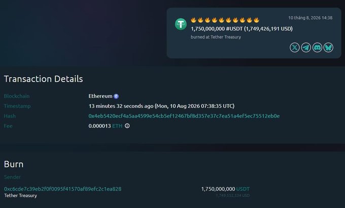 Etherscan transaction details page showing Tether Treasury burning 1,750,000,000 USDT (1,749,426,191 USD) on August 10, 2026, on the Ethereum blockchain with a fee of 0.000013 ETH.