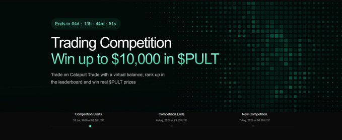 A Catapult Trade promotional banner advertises a "Trading Competition" where participants can "Win up to $10,000 in $PULT" by trading with virtual balance on Catapult Trade to rank up on the leaderboard, with a countdown showing 4 days, 13 hours, 44 minutes, and 51 seconds remaining and competition dates running from July 31 to August 7, 2024. The image supports the post's message by highlighting the risk-free nature of the tournament, where traders can practice and compete without risking their own capital.