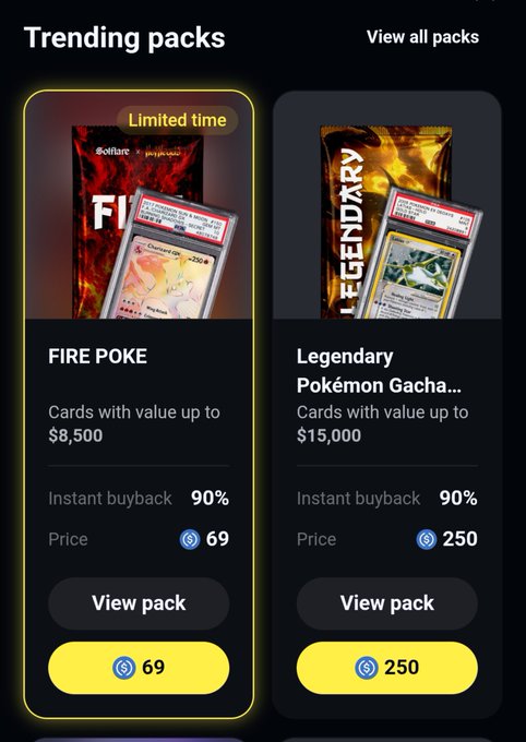 A mobile app screen showing 'Trending packs' for a Pokémon gacha-style game, featuring 'FIRE POKE' at 69 coins (cards up to $8,500) and 'Legendary Pokémon Gacha' at 250 coins (cards up to $15,000), both with 90% instant buyback.