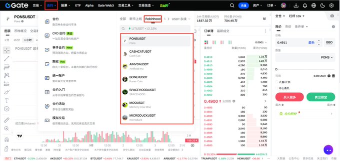 A cryptocurrency exchange webpage showing the PONS/USDT trading pair on Gate.io with a dropdown menu highlighting options like PONS/USDT, CASHCAT/USDT, and BONK/USDT.