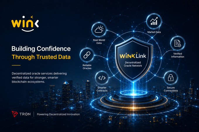 A promotional banner for 'WinK' (WINkLink) showing 'Building Confidence Through Trusted Data' with a decentralized oracle network graphic powered by TRON, featuring icons for Real World Data, Market Data, Verified Information, Secure Connections, Smarter Contracts, and Reliable Oracles.