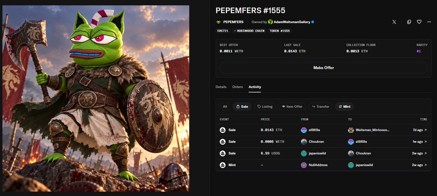 The image shows an NFT marketplace listing for "PEPEMFERS #1555" on the BNB/WORLDCOIN CHAIN with token ID 1555, featuring a green Pepe-style warrior character wielding a battle axe and shield in medieval armor, alongside transaction activity showing a recent sale of 0.0143 ETH. The listing supports the post's narrative of the PEPEMFERS collection's growth from a free mint to an active trading asset, with the visible sale activity demonstrating the building momentum leading up to the claims launch on September 21.