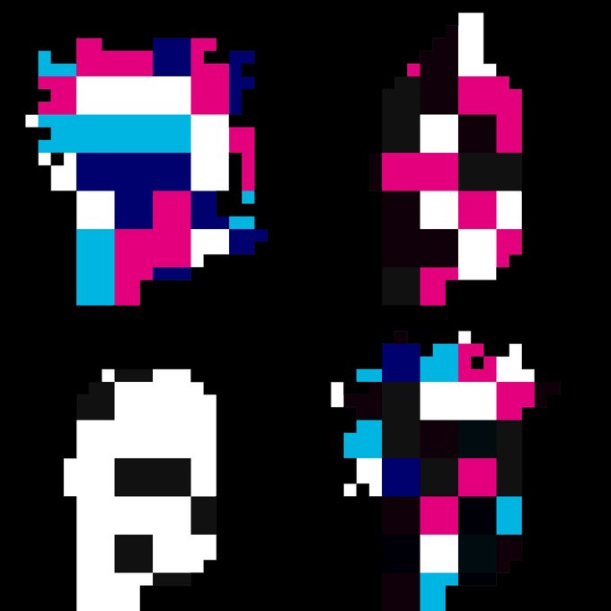 Four pixelated abstract figures in pink, white, blue, and black blocks against a black background.