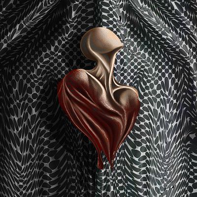 A 3D digital artwork featuring a stylized, dripping heart sculpture in dark red and beige tones, set against a background of dense, feather-like metallic patterns.