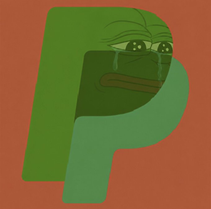 A green PayPal logo with a sad, crying face overlaid on it against a red background.