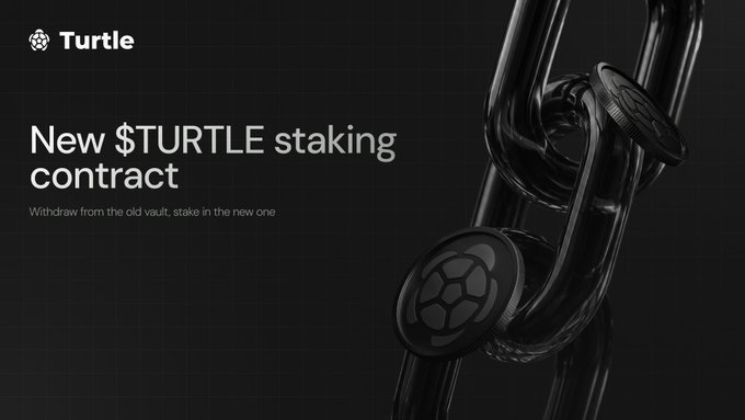 A dark promotional graphic from Turtle announces a "New $TURTLE staking contract" with the directive to "Withdraw from the old vault, stake in the new one," visually reinforcing the migration message by depicting black chain links that appear broken or rearranged alongside Turtle-branded coins.