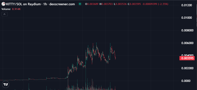 The image shows a 1-hour candlestick chart for the KITTY/SOL trading pair on the Raydium DEX, with the token priced at approximately $0.003595 (-2.55%), displaying a recent price spike from near-zero levels followed by volatile consolidation around the $0.004 mark. The accompanying post aligns with the chart's portrayal of $KITTY as a newly launched meme token on Solana, illustrating the typical volatile price action and community-driven momentum characteristic of such early-stage meme coin launches.